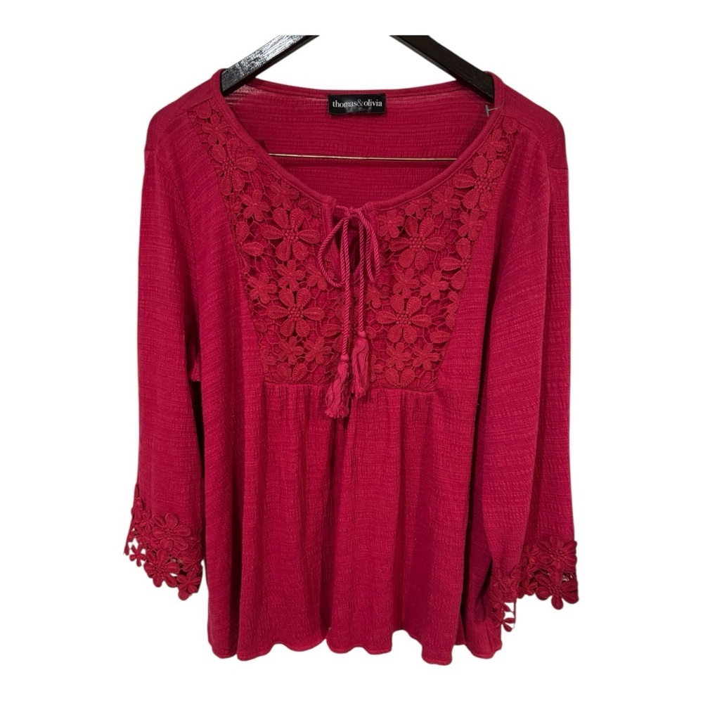 Thomas & Olivia Boho Crochet Tassel Top Pink 2X 3X